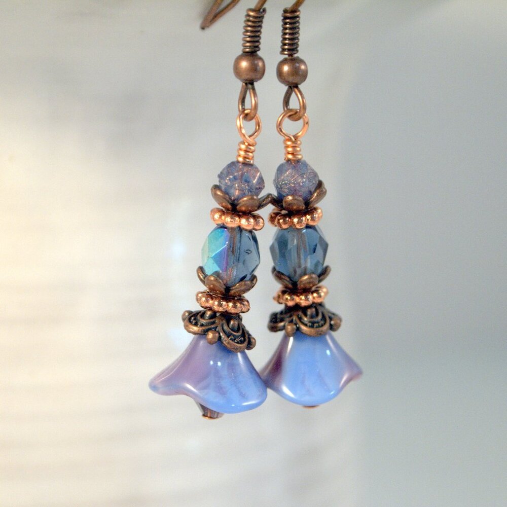 Copper Floral Earrings Boho Chic Czech Earrings  Pierced or Clip-on Earrings